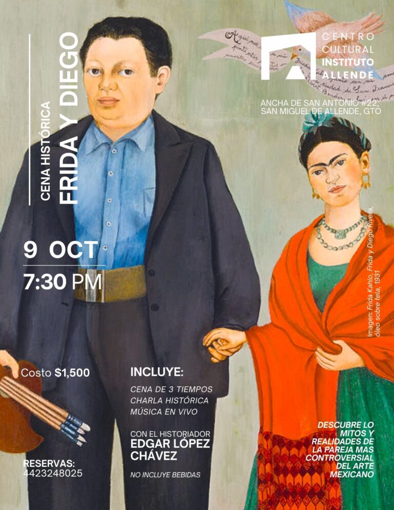 póster de la cena histórica sobre frida kahlo y diego rivera